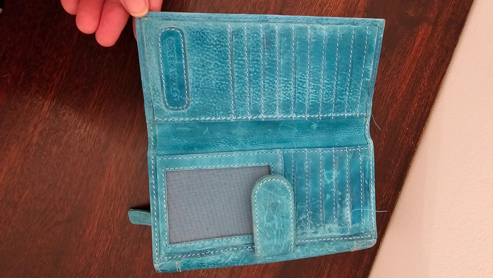 Portefeuille femme en cuir véritable bleu turquoise porte-cartes & porte-monnaie zippé – photo 4